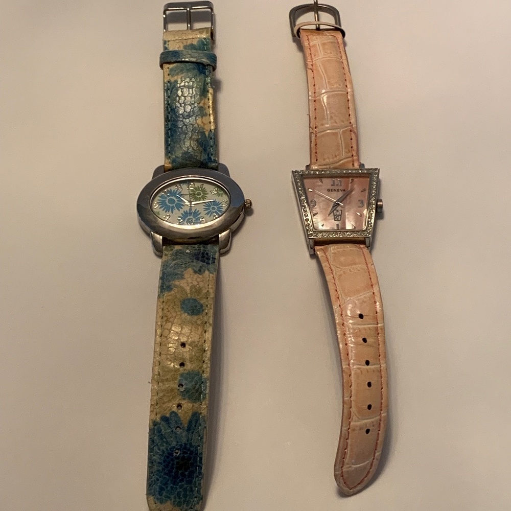 Two Fashion Watches, One Pink and One Blue With Flowers